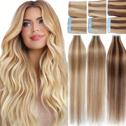 Flying 20pcs Tape In Hair Extensions Mixed Colour 100% Real Human Hair Invisible Skin Wefts Hairpiece 18/ 20/ 22/ 24inch, 45/ 50/ 55/ 60cm