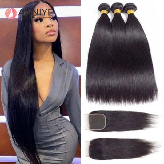 Bone Straight Human Hair 3 Bundles With 4x4 HD Transparent Lace Closure And Bundle 100% Virgin Hair Weave Natural Color Hair