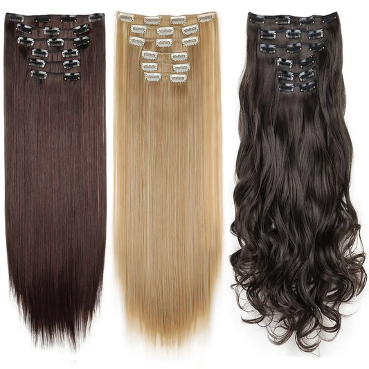 Black Hair Extensions 24"/60cm 6pcs/set Women Long Straight Synthetic Full Head Clip 16 Clips Ombre Heat Resistant Fiber Hair